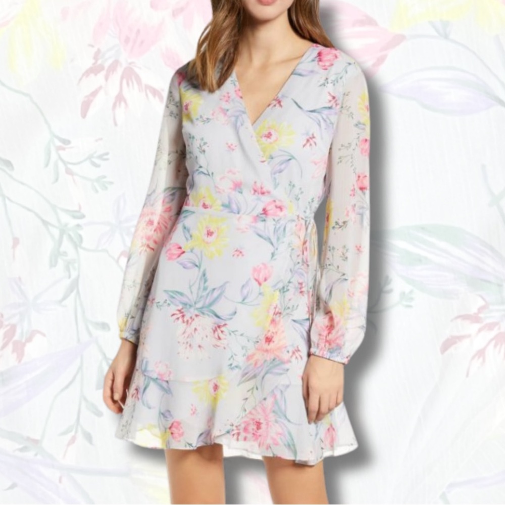Lush Floral Long Sleeve Wrap Dress - Pink and Yellow on White